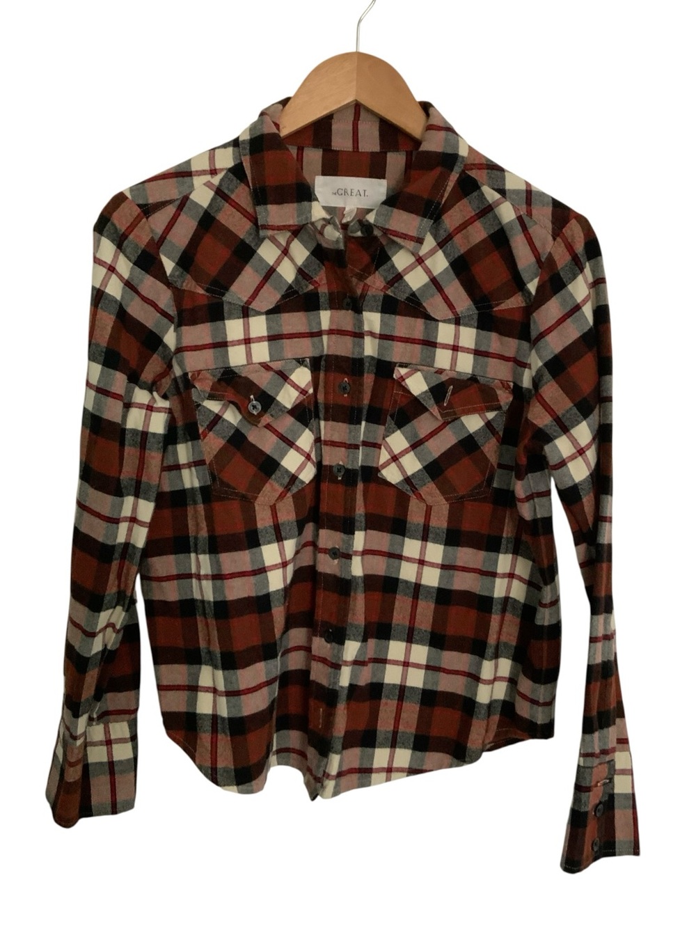 The Great Scouting Plaid Button Shirt Blouse Women SZ 2 Red Cream Festival Rodeo